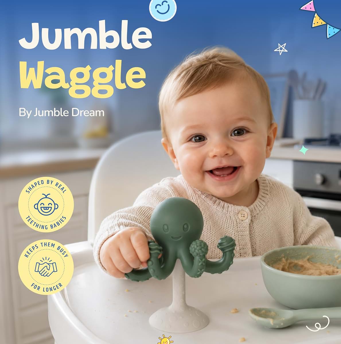 Jumble Dream Octopus Baby Teether – Suction Silicone Teether, Blue Moon (photo 2)