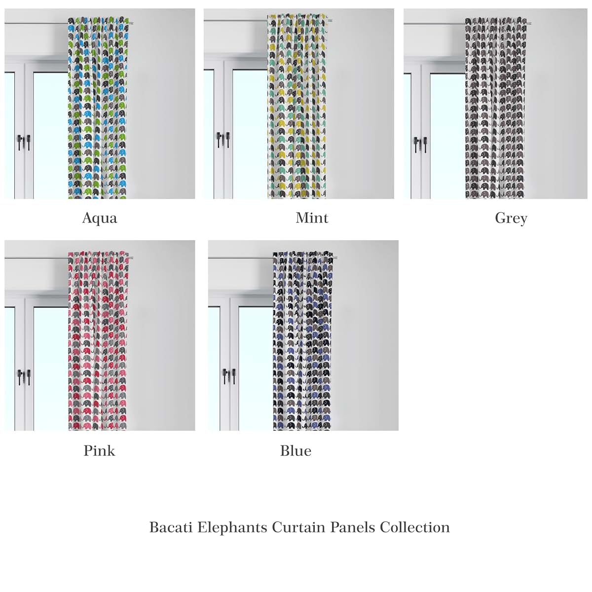Bacati Single Light Filtering Curtain Panel Elephants Blue Navy Gray