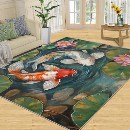 HYGIUID Lotus Koi Area Rugs 4x5 - Lotus Pond Rug for Entryway, Chinese Tradition Washable Entry Way Rugs Kids Carpet