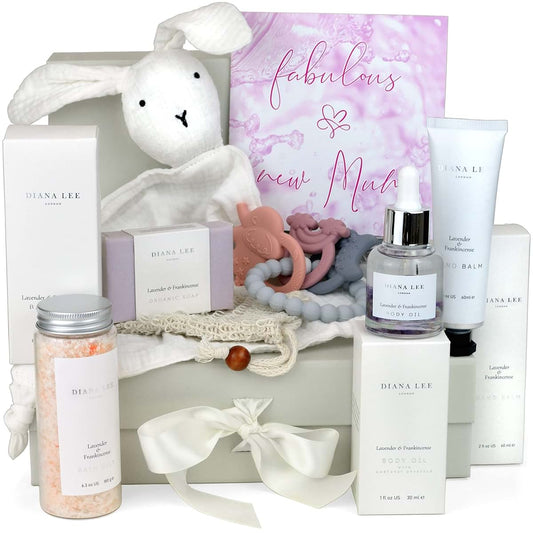Jasmyn & Greene New Mom Gift Basket with Spa Set and Muslin Bunny Soother