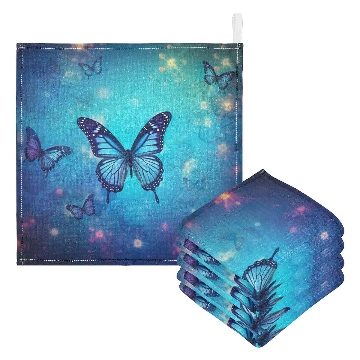 WELLDAY Blue Butterfly Baby Washcloths, 5-Pack Cotton Muslin Washcloths 12x12 in