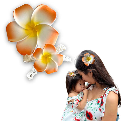 Mommy and Baby Plumeria Flower Matching Headband and Hair Clip Set