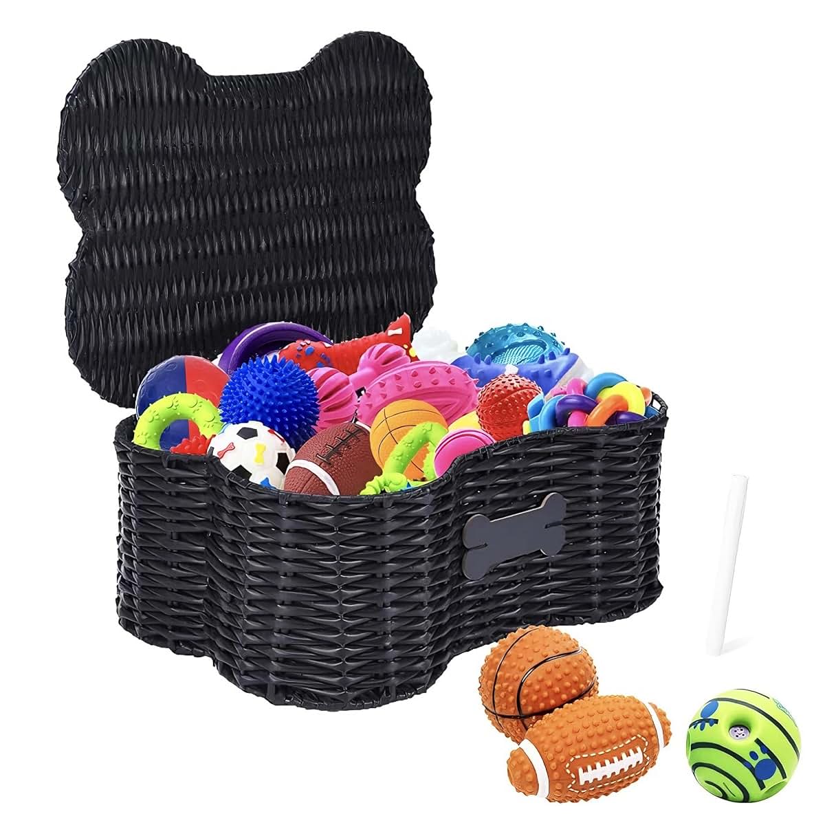 Brabtod Poly Wicker Dog Toy Basket With Lid And Name Tag