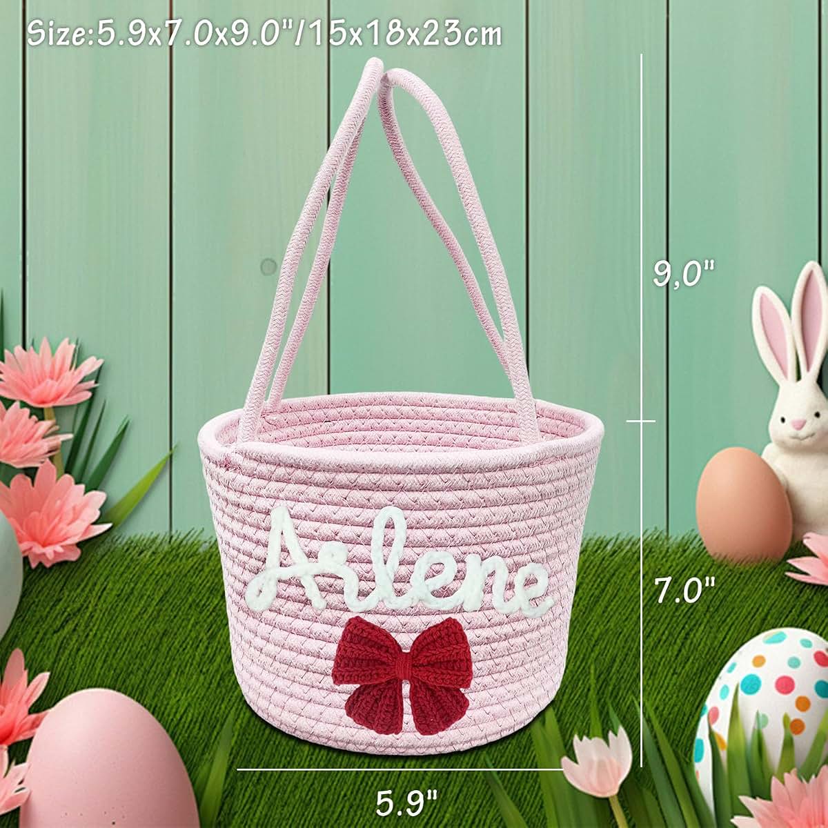 Hapelf Personalized Easter Basket for Boys Girls Custom Name Baskets with Handle Woven Rope Rabbit Eggs Bucket Gifts (photo 2)