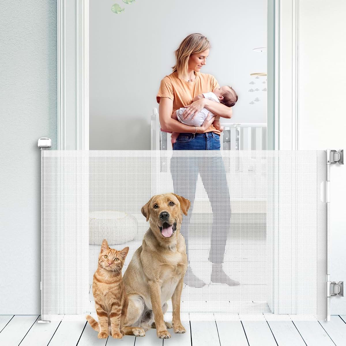 KYXAIN Retractable Baby Gate for Stairs, 33" Tall x 71" Wide Mesh Safety Gate, White