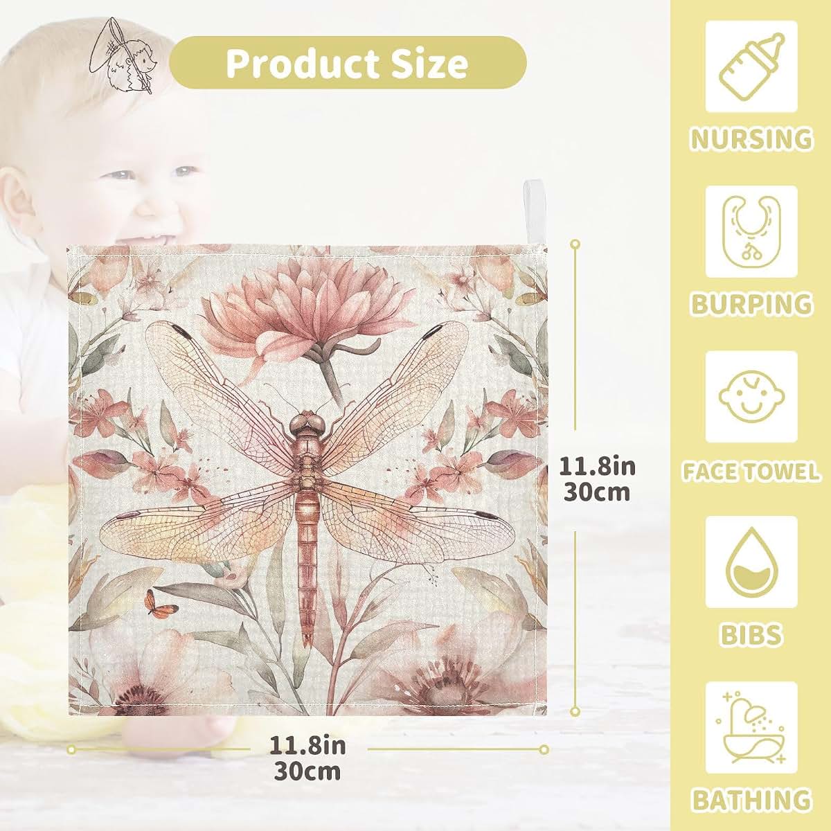 YETTASBIN Dragonfly Muslin Baby Hand Washcloths, 4-Layer Cotton, 3 Pack, 12 x 12 Inch