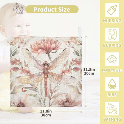 YETTASBIN Dragonfly Muslin Baby Hand Washcloths, 4-Layer Cotton, 3 Pack, 12 x 12 Inch