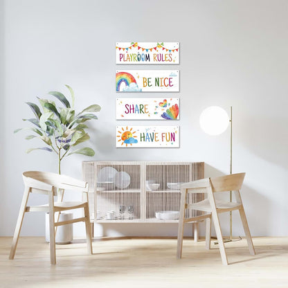 Dskly 4 Pcs Playroom Wall Decor Signs, Rainbow Wooden Hanging Plaques with Hemp Ropes, 12 x 4 Inch
