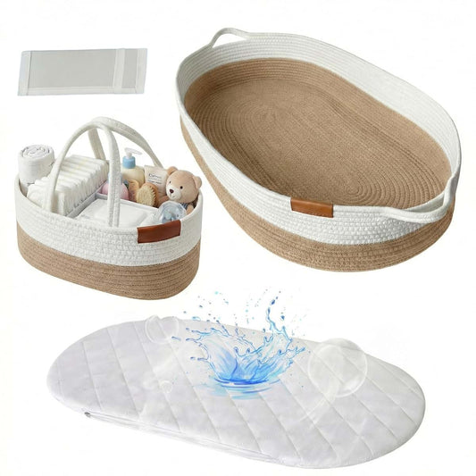 Littlingo Set of 2 Baby Changing Baskets, Moses Basket with Pad, Cotton Rope Baby Moses Basket Bassinet (Beige)