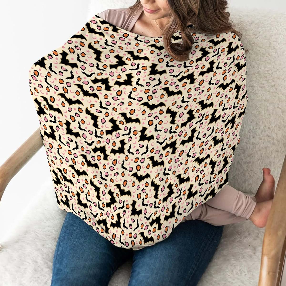 Halloween Bats Leopard Baby Car Seat Cover Pink Orange 5-in-1 Stretchy Cover Adjustable Infant Canopy Nursing Cover