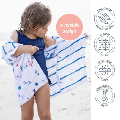 Malabar Baby Organic Cotton Muslin Wearable Hooded Towel, Bath, Pool & Beach Cover-up for Size 3-4 Years - Under The Sea (photo 2)