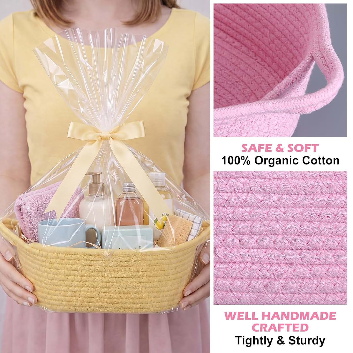 Hoolerry 8 Set Small Woven Gift Basket With Bag Bow Raffia Pastel Cotton Rope Storage Box With Handle, 12 X 8 X 5 Inches