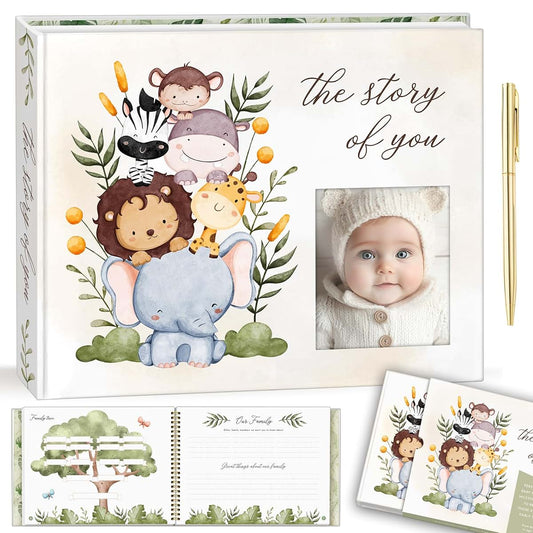 JOCA STORE Baby Memory Book – “The Story of You” Keepsake Journal with Photo Slot, Zoo Animal Design, Gold Pen, Lay