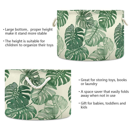 Burbuja Monstera Leaves Round Storage Basket With Cotton Rope Handles