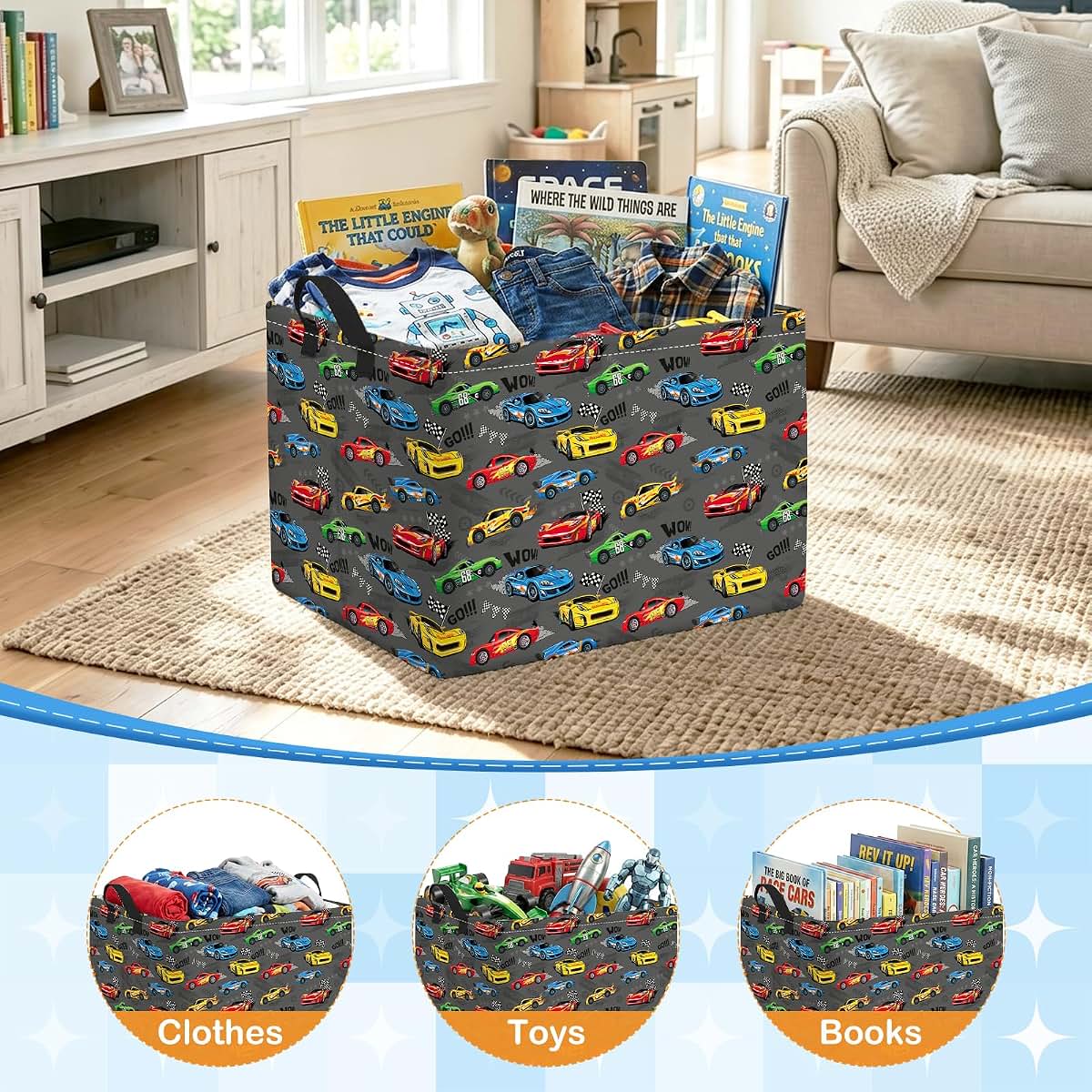 Pomodee Race Car Kids Folding Laundry Basket Storage Hamper with Handles | Polyester Kids Storage Basket, Multi‑Purpose (photo 4)