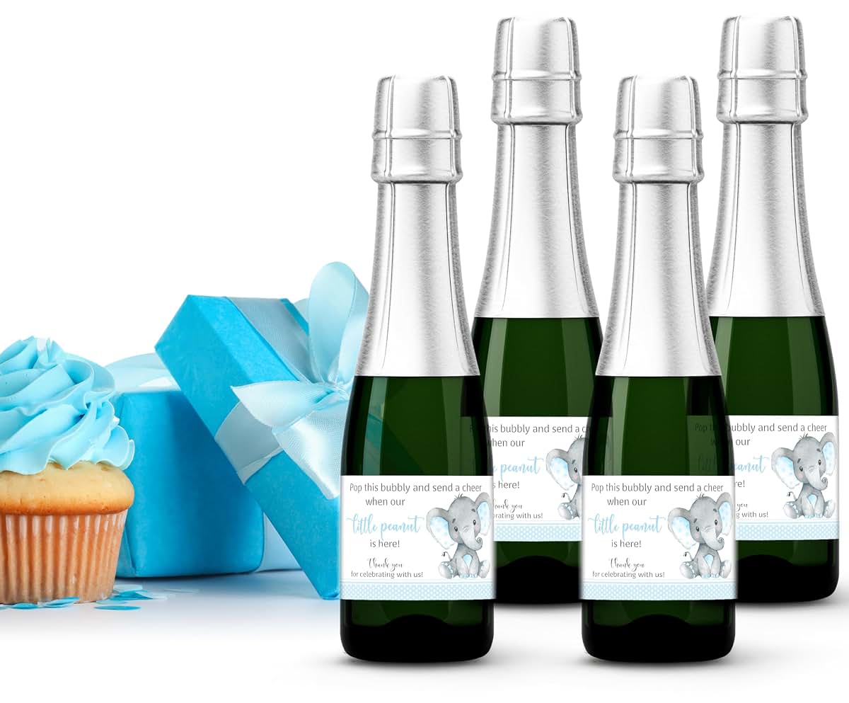 Mini Champagne Bottle Labels for Baby Shower Favors - Blue Little Peanut Set of 18