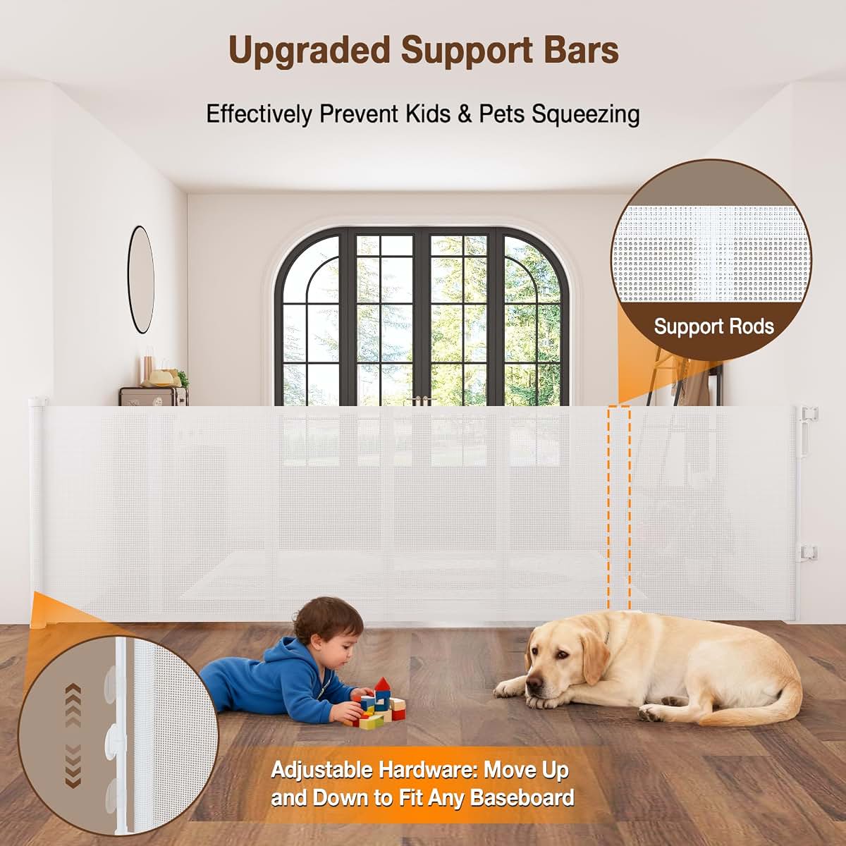 Retractable Baby Gate for Indoor and Outdoor, 120 Inch Extra Wide Mesh Safety Gate, 42 Inch Tall