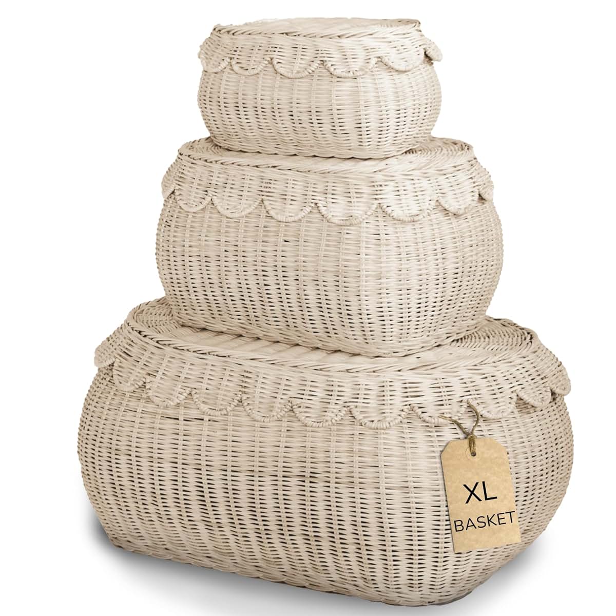Bebe Bask Large Scalloped Basket Set of 3, Handwoven Rattan Storage with Lids