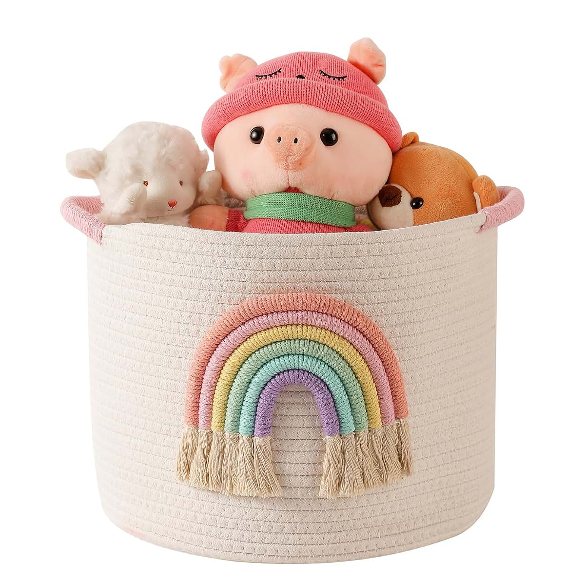 INough Woven Cotton Rope Toy Storage Basket With Rainbow Decor
