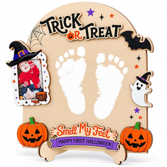 Backelele My Little Boo Wooden DIY Footprint Halloween Sign with Photo Frame Stand