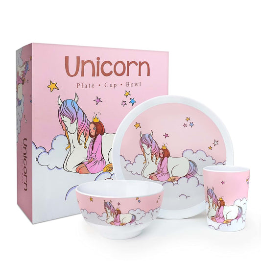 Kiz Designs Unicorn Children Dishes – Premium Melamine kids Dinnerware Set with Cup, Bowl, feeding Plate –Non-BPA and