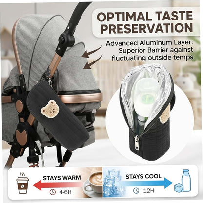 Monetais Insulated Baby Bottle Bag with Adorable Bear Embroidery - Breastmilk Cooler Travel Bag for On-the-Go, Portable
