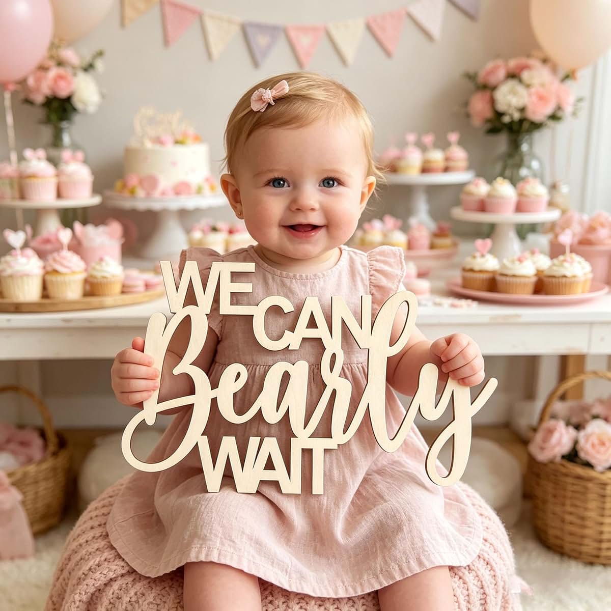 Wooden 'We Can Bearly Wait' Wall Sign for Baby Shower Decor