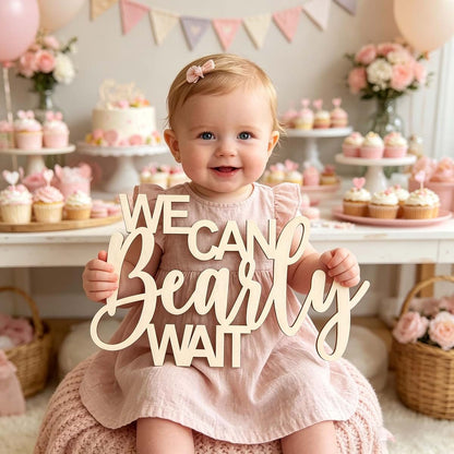 Wooden 'We Can Bearly Wait' Wall Sign for Baby Shower Decor