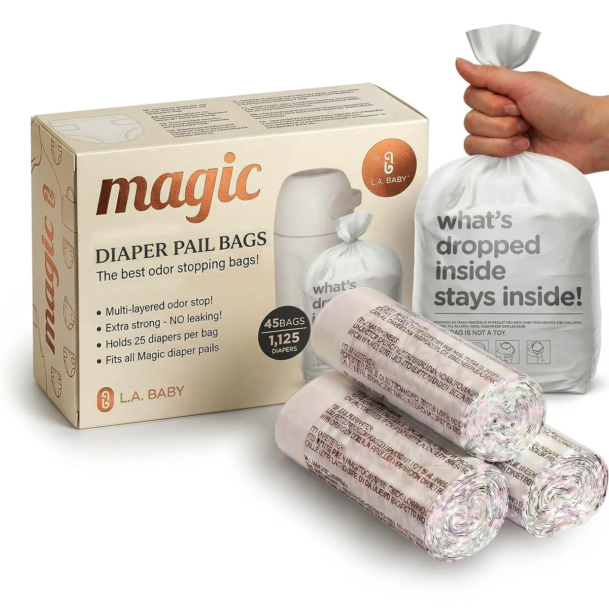 L.A. Baby Magic Diaper Pail Refill Bags, 45 Count, Multi-Layer Odor-Locking, Holds 1125 Diapers