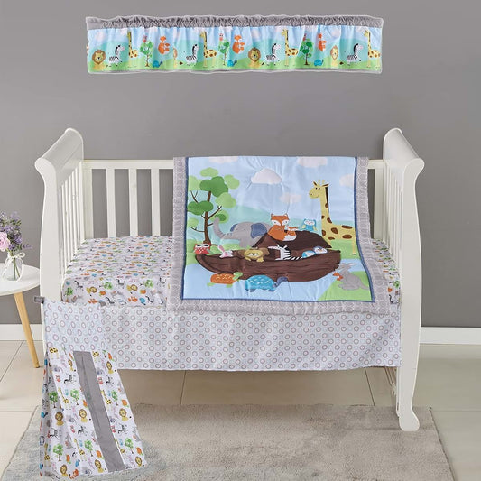 JAHbaby 6 PCs Noah's Ark Themed Nursery Crib Bedding Set Quilt , Fitted Sheet , Skirt , Window Valance , Blanket