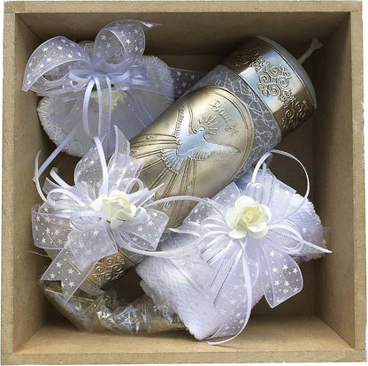 Grahmart Catholic Baptism Candle Set In A Wooden Box White