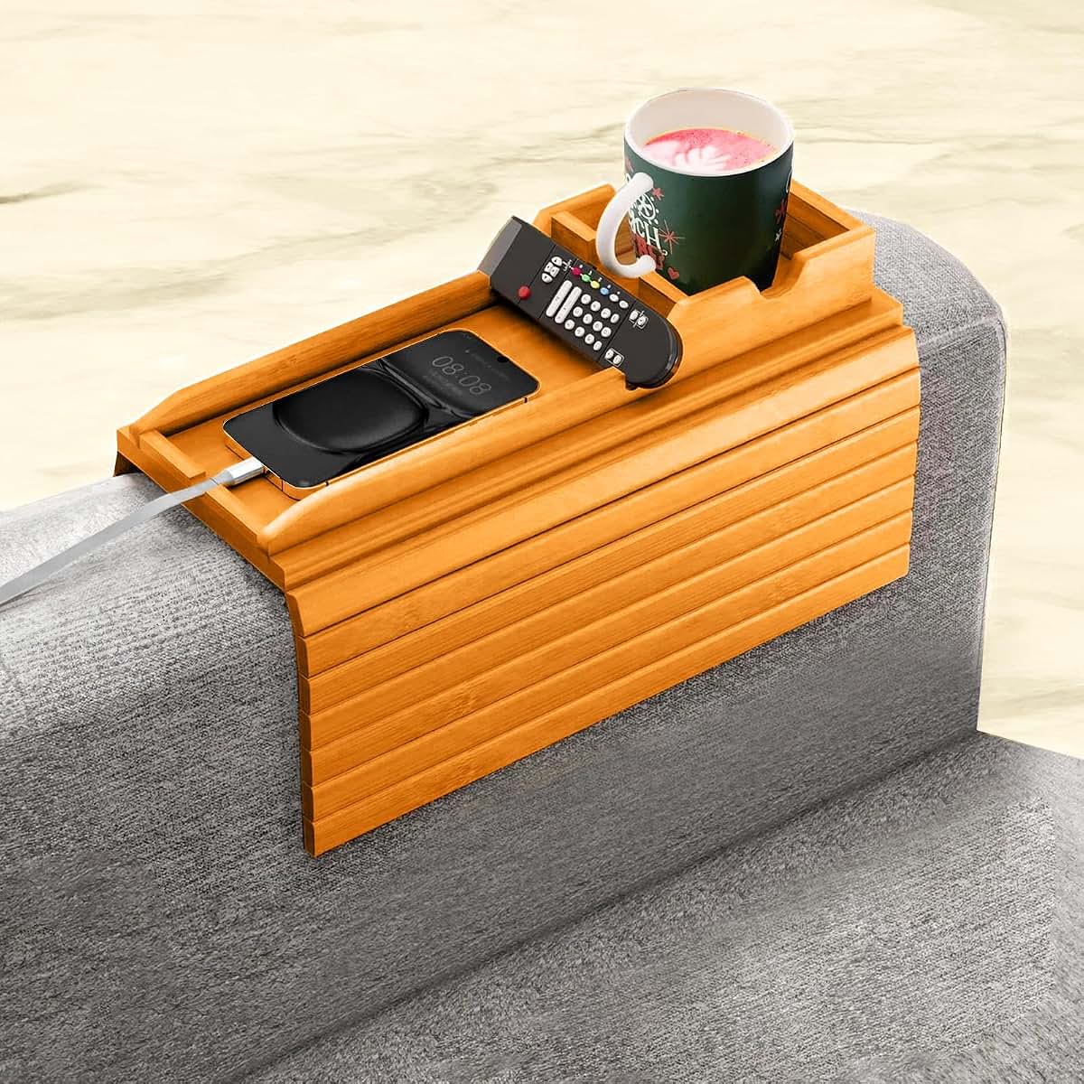 Amzeen Bamboo Couch Cup Holder Tray with Coasters