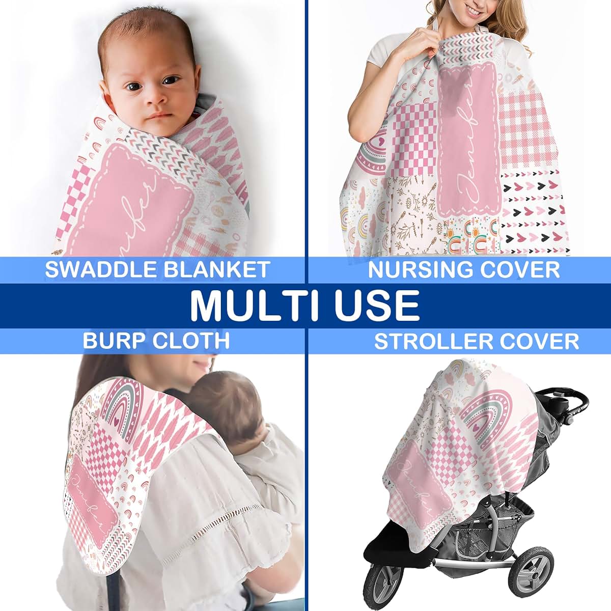 Voz Personalized Baby Blankets with Name, Customized Baby Blankets for Kids - Boho Rainbow Baby Blanket, Best Gift for (photo 4)