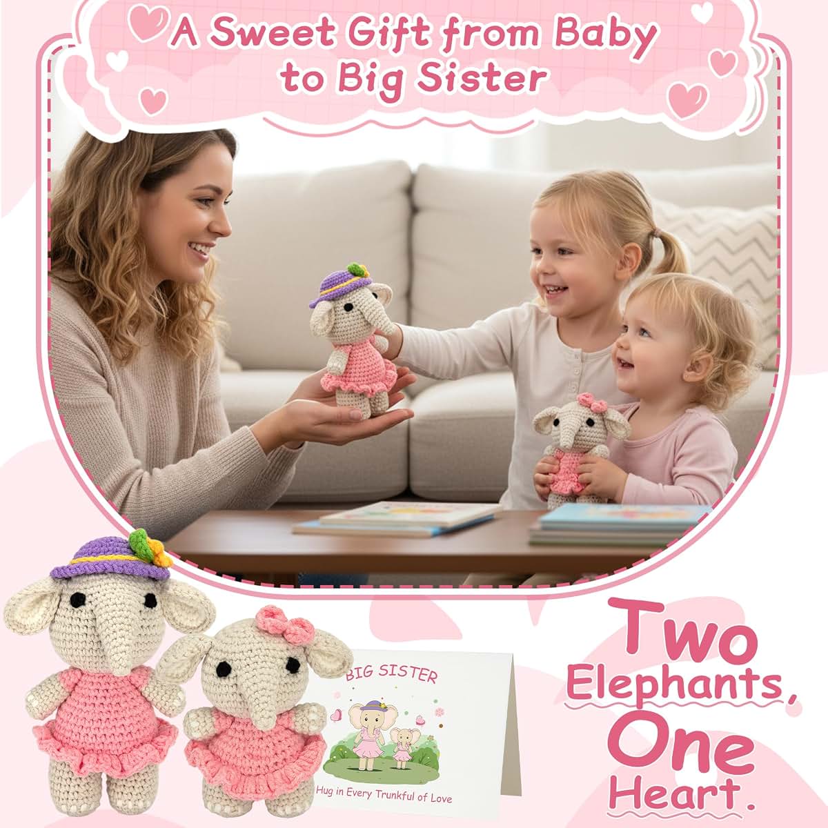 ZenDecor Big Sister Gifts from New Baby, Crochet Elephant Plush with Greeting Card (photo 2)
