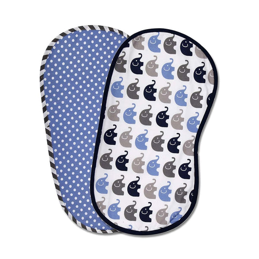 Bacati Elephants Set of 2 100% Cotton Washable Reusable Burpies/Burp Cloths (Blue/Navy/Grey)