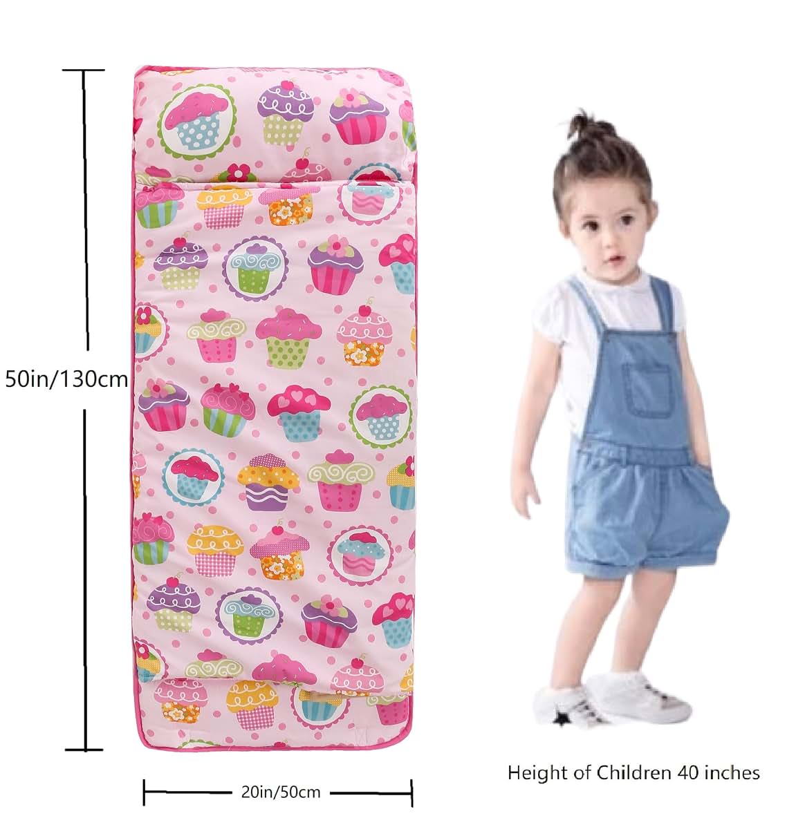 JHLCARPET Toddler Nap Mat with Blanket, Pink Cupcake Pattern, Toddler Sleep Mat, with Removable Pillow - by JHL Carpet