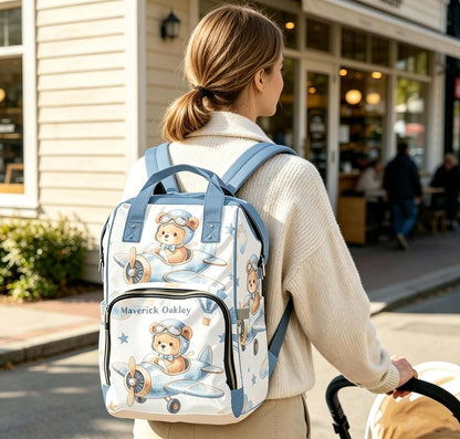 YallLocoMo Teddy Bear Personalized Baby Bag Sky Pilot Bear Multifunction Travel Diaper Bag Nappy Bag for Mom (photo 4)