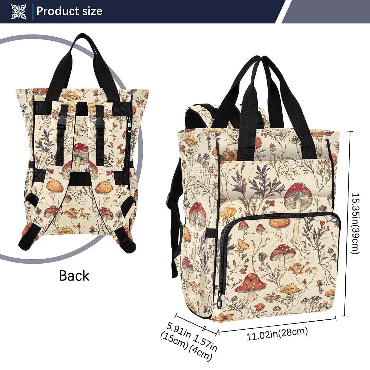 Bolaz Vintage Mushroom Diaper Bag Backpack Tote with Stroller Straps, Large Capacity