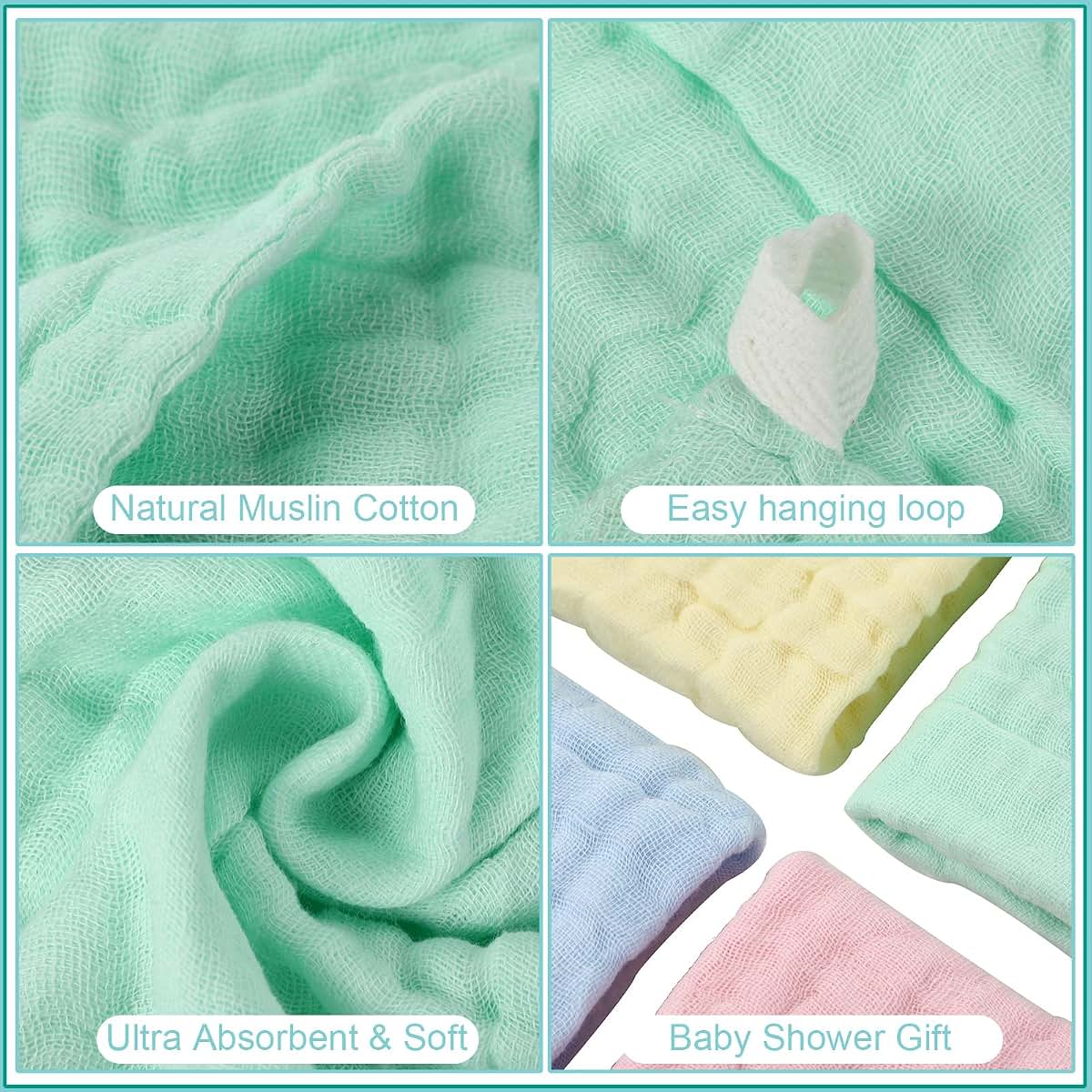 Chumia 30 Pcs Baby Muslin Burp Cloths, Watercolor Colors, 12x12 Inches, Cotton