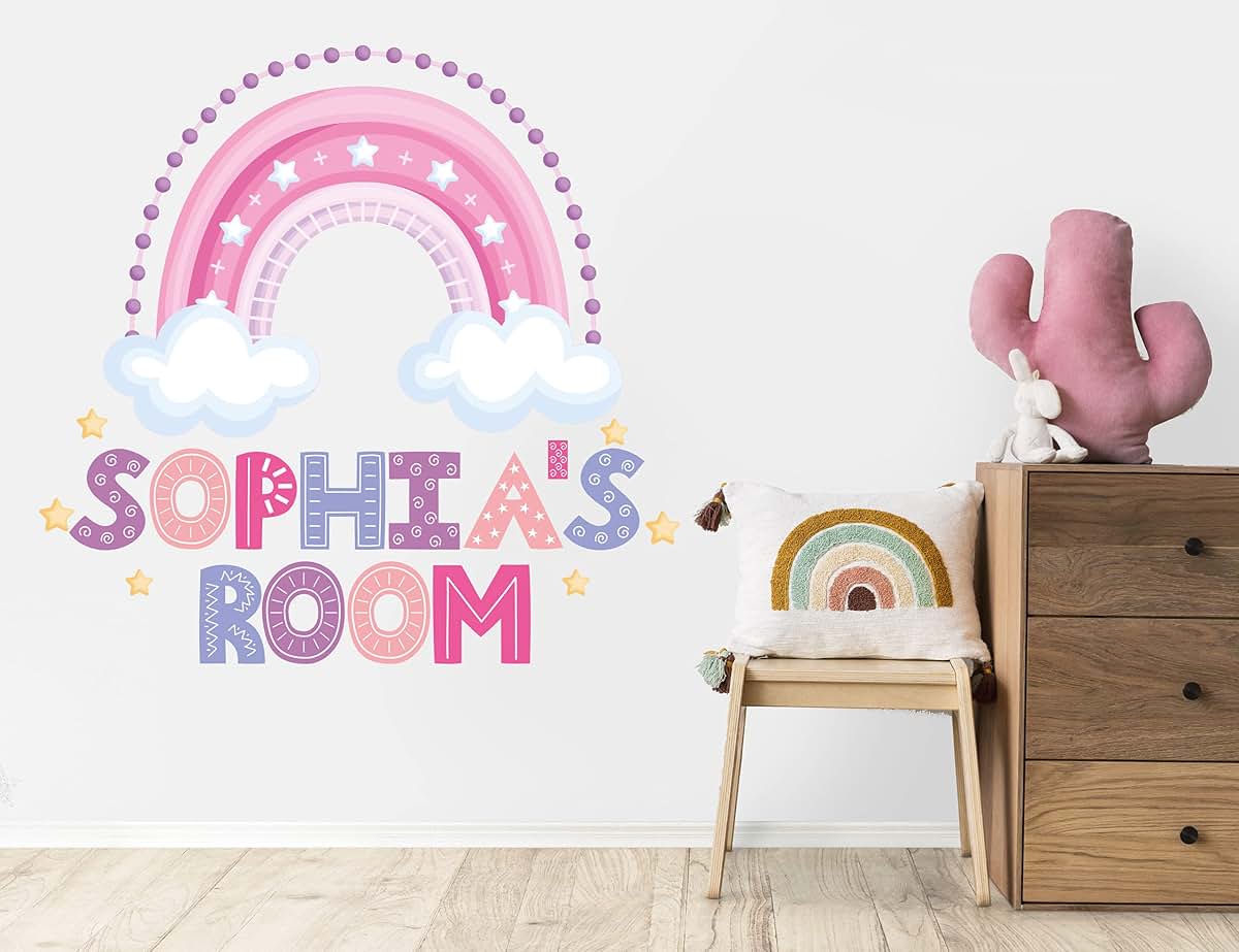 Kyle Cornhole Pink Rainbow Wall Decals - Personalized Name Girls Room Decor Bedroom for Sticker Decor- Pastel Arch