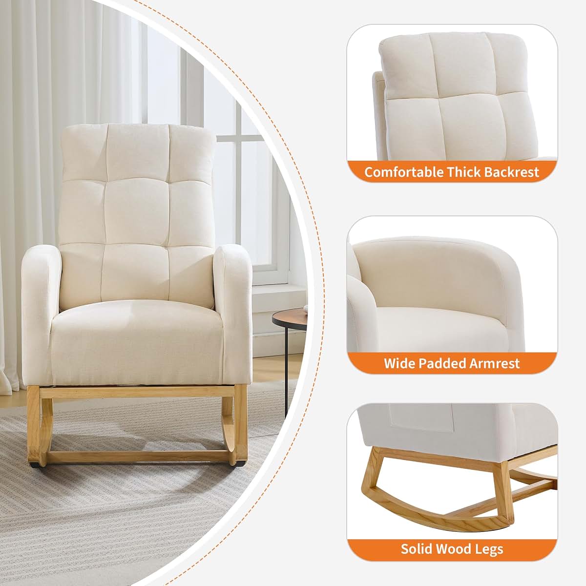 Amenitlif Nursery Rocking Chair With Side Pocket And Wood Legs (photo 3)