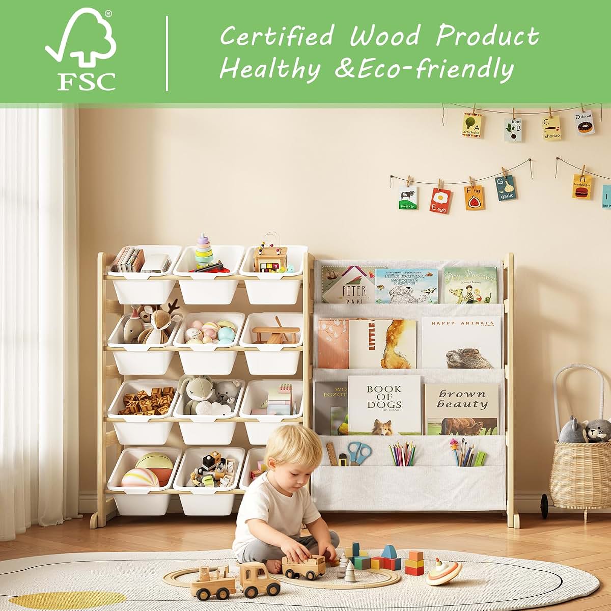 EXPERLAM Toy Storage Organizer with Bookshelf and 12 White Bins, Pine Wood