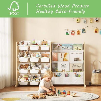 EXPERLAM Toy Storage Organizer with Bookshelf and 12 White Bins, Pine Wood