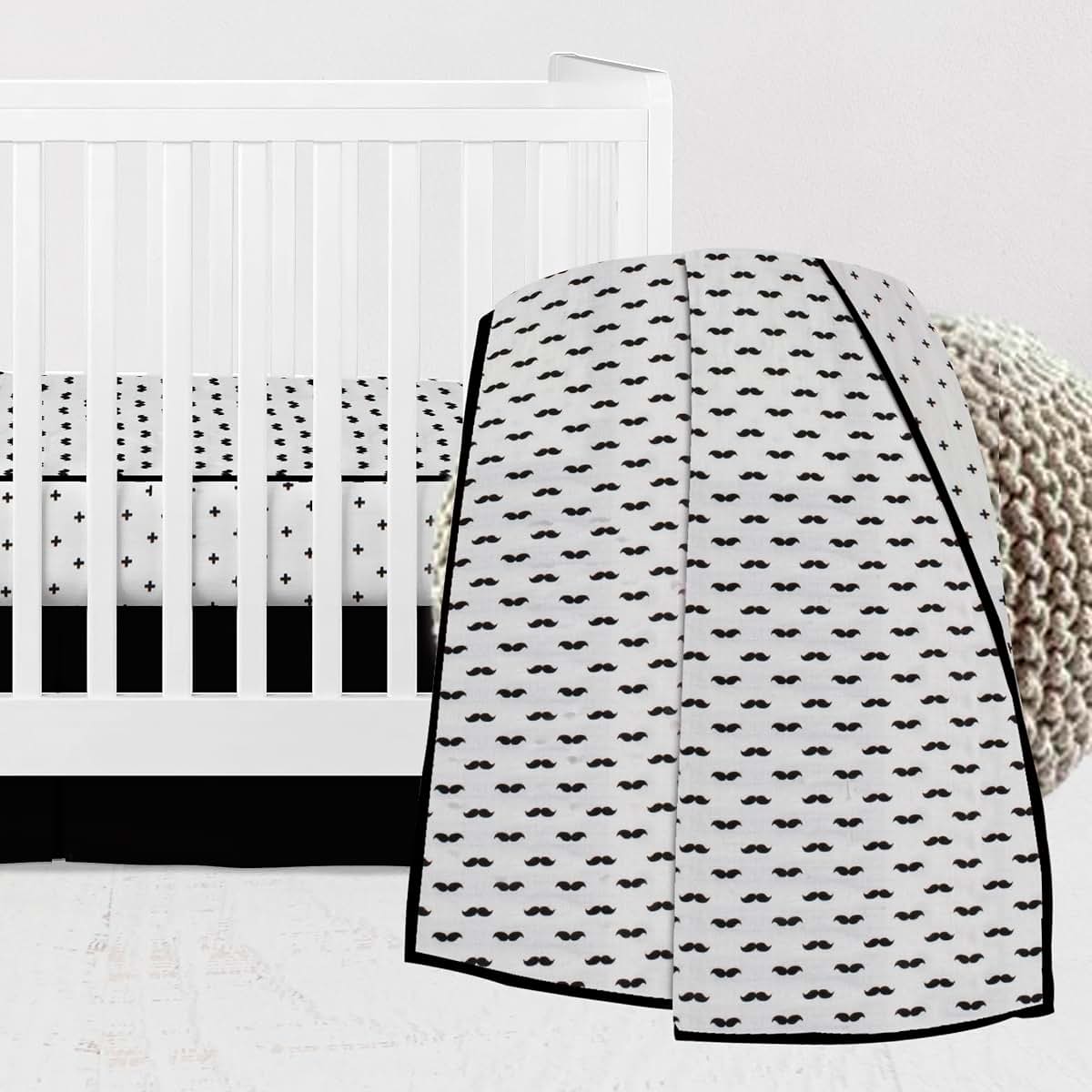 Bacati Love Muslin 3pc Crib Set with 4 Muslin Layers Lux Dream Blanket (Mustache/Plus/Cross, Black)