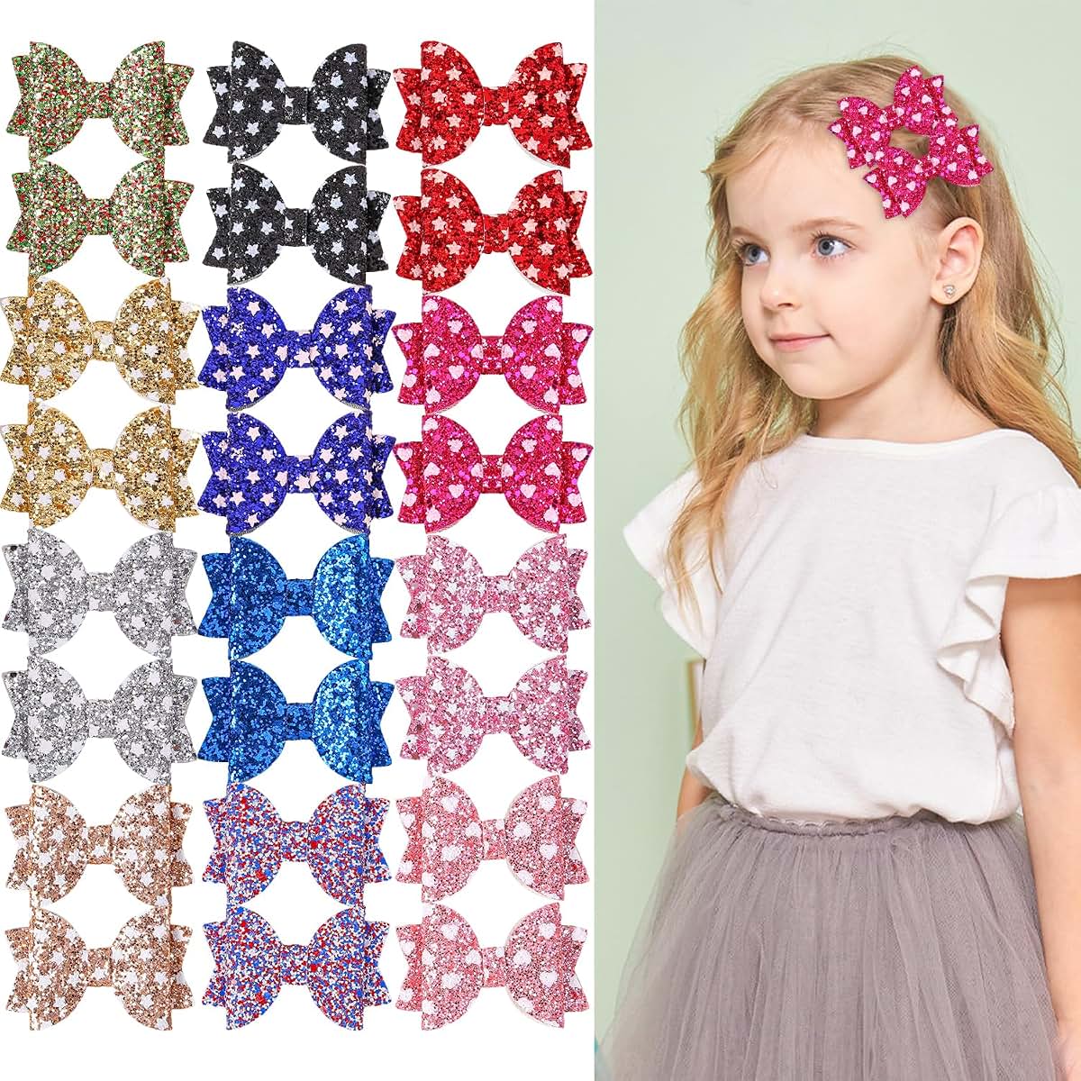 XIMA 24Pcs Sparkly Star Glitter Bow Hair Clips for Girls Toddlers Kids