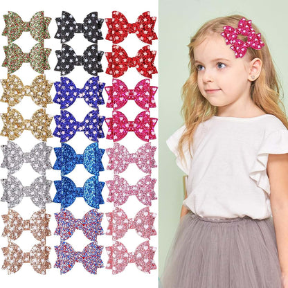 XIMA 24Pcs Sparkly Star Glitter Bow Hair Clips for Girls Toddlers Kids