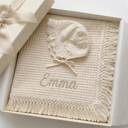 Kryvoxc Personalized Fringe Baby Blanket and Bonnet Set