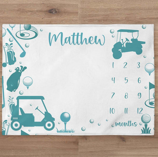 UnoCo Golf Blanket Personalized Baby Boy Month Blanket Sport Nursery Custom Age Growth Newborn Calendar Tracker New Mom