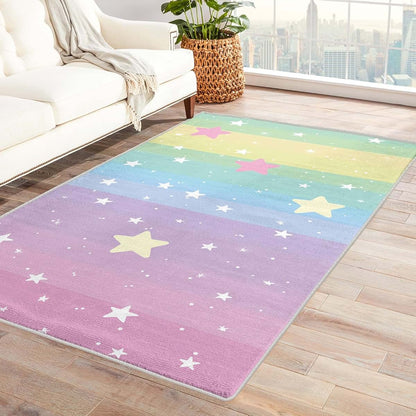 Xyzdorv Kids Pink Star Rug 4x5 ft for Girls Bedroom - Iridescent Non Slip Washable Area Rug
