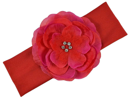Funny Girl Designs Infant Girls Emma Rhinestone Flower Soft Baby Headband Fits Newborn to 12 Months (Red)